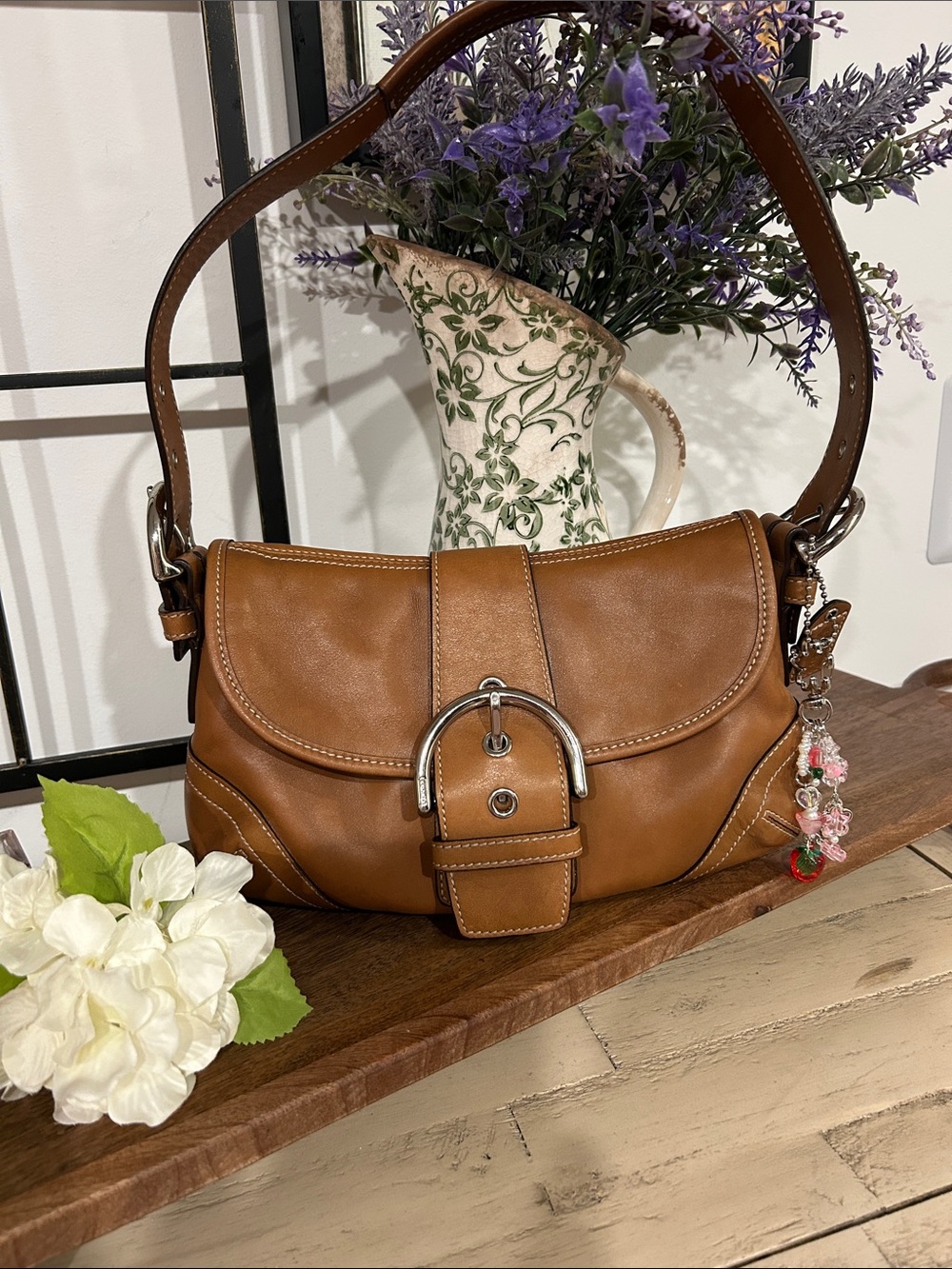 Coach Cognac Leather Shoulder Bag with Buckle Accent